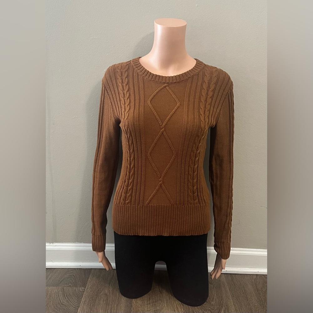 Peruvian Connection Cable Knit Crewneck Sweater Size Small Brown Long-Sleeve